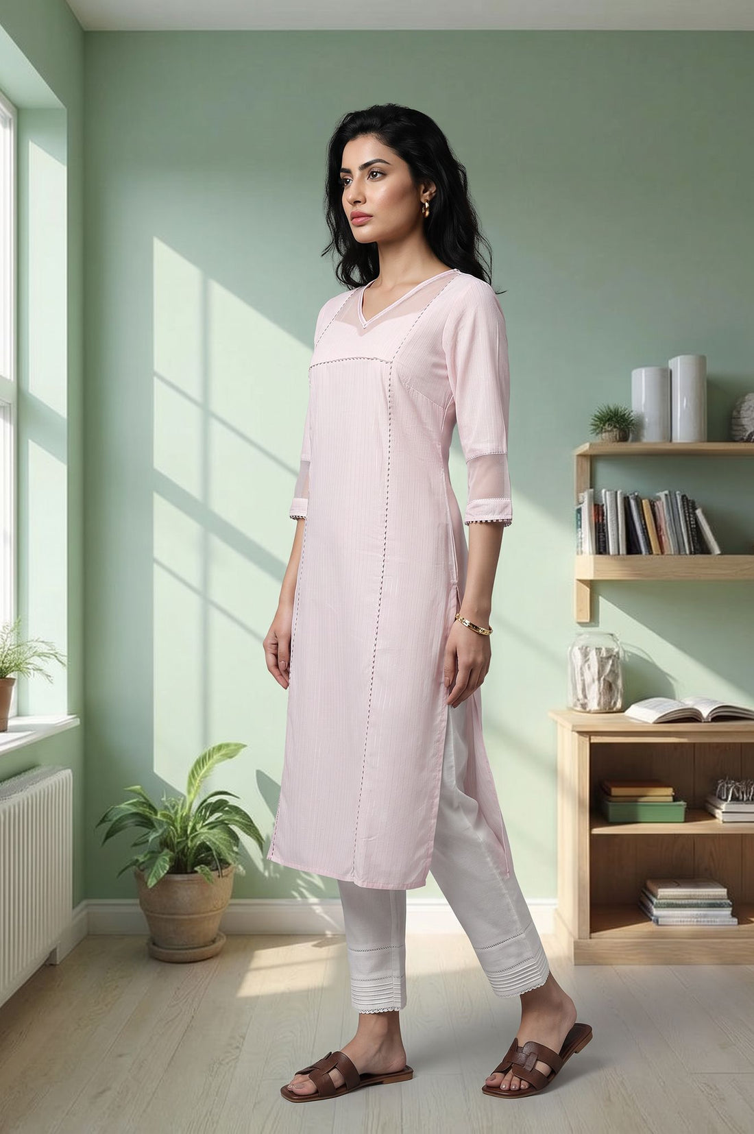 Pink Textured Lace Pure Cotton Straight Kurta with Trousers Set