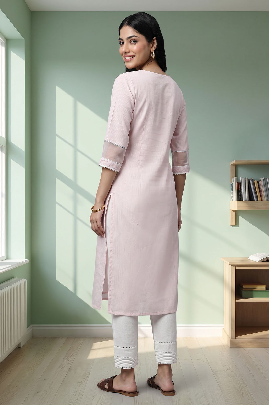 Pink Textured Lace Pure Cotton Straight Kurta with Trousers Set