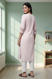 Pink Textured Lace Pure Cotton Straight Kurta with Trousers Set