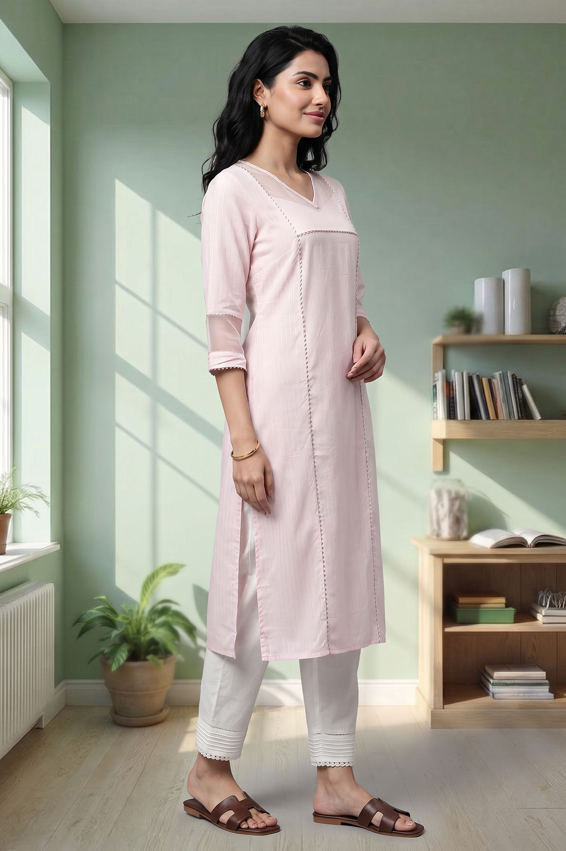 Pink Textured Lace Pure Cotton Straight Kurta with Trousers Set