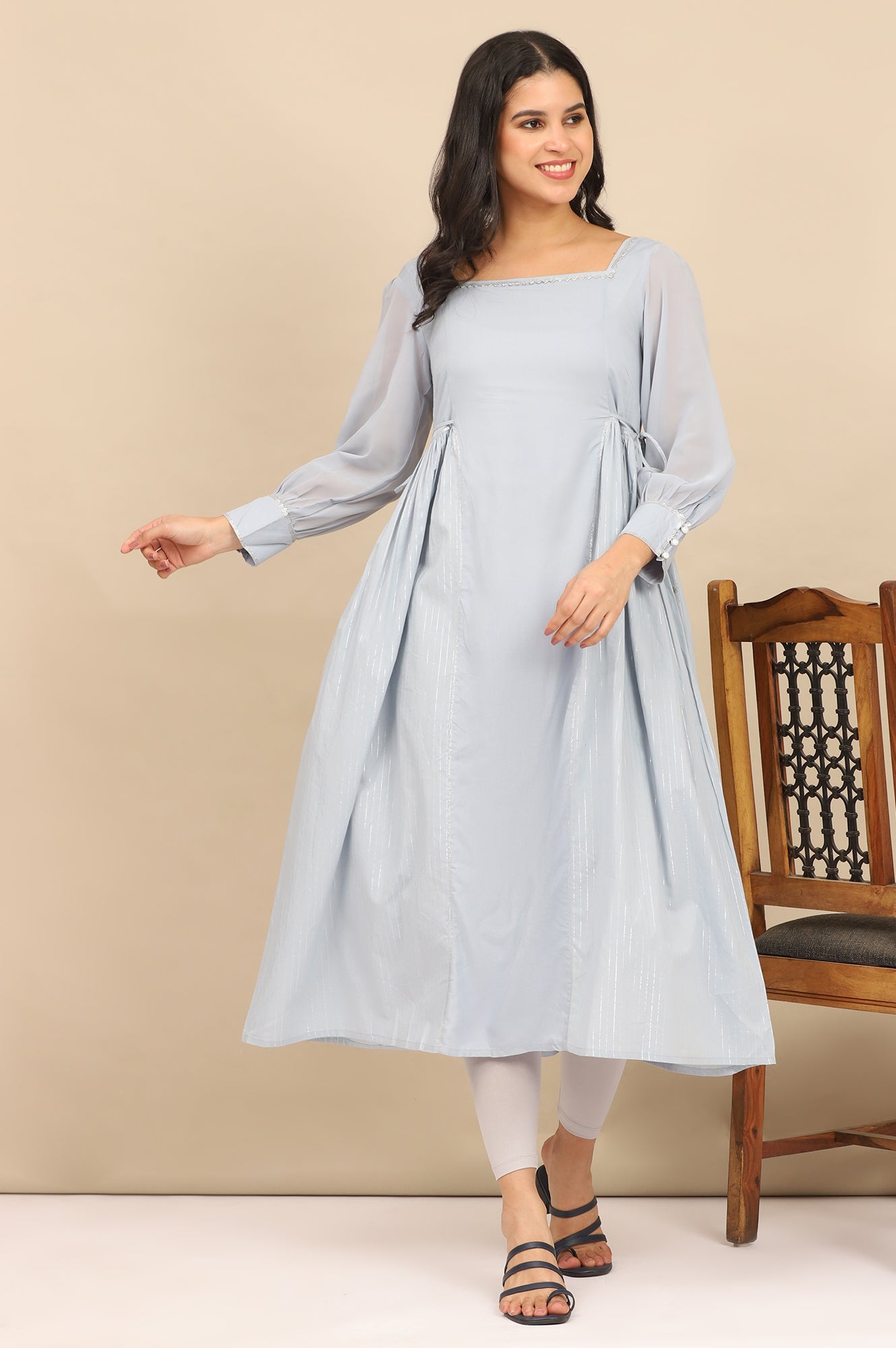 Blue Sequined Side Gathered Flared Kurta and Leggings Set