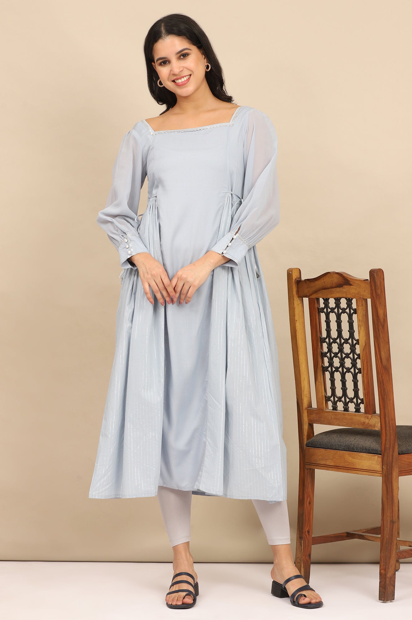 Blue Sequined Side Gathered Flared Kurta and Leggings Set