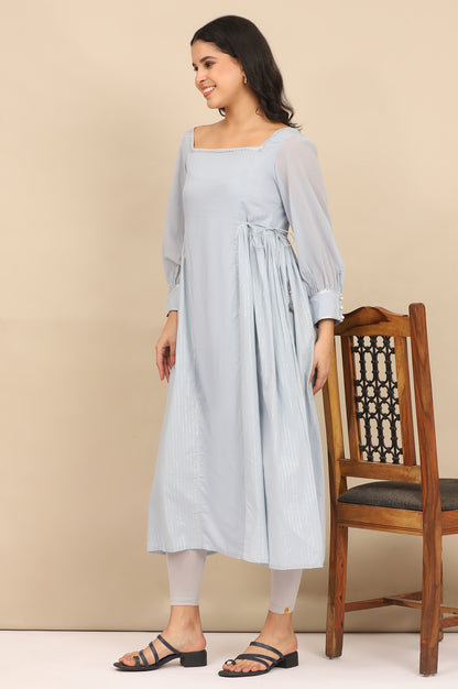 Blue Sequined Side Gathered Flared Kurta and Leggings Set