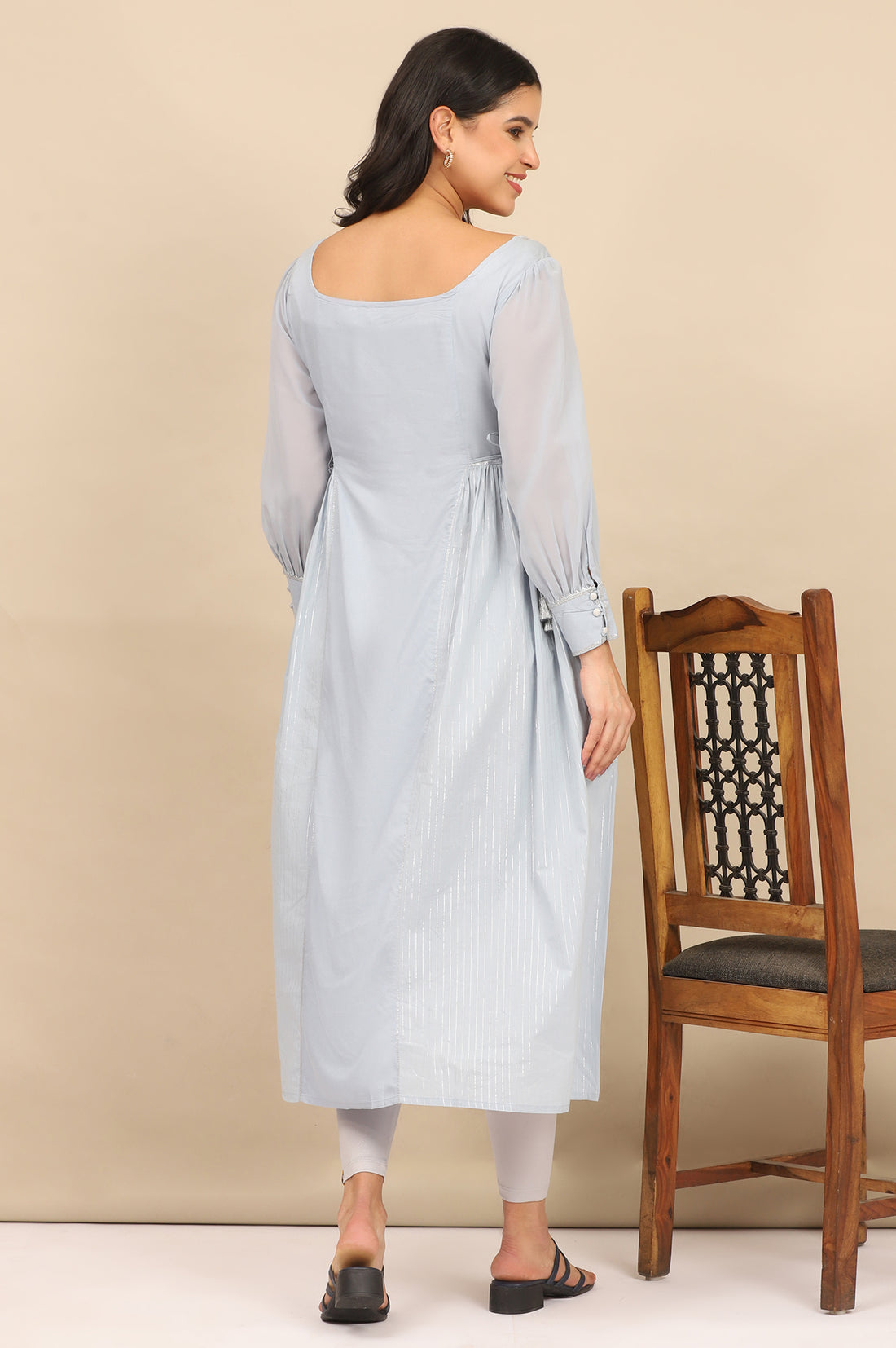 Blue Sequined Side Flared Kurta and Leggings Set