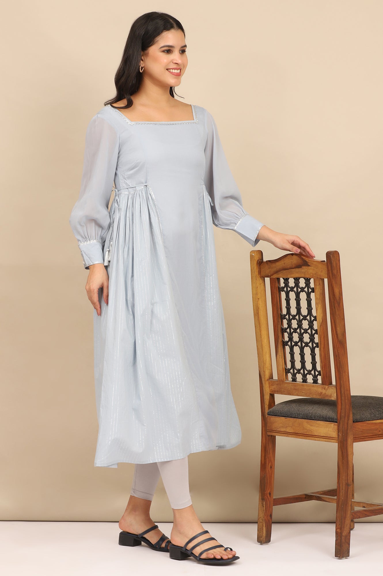 Blue Sequined Side Gathered Flared Kurta and Leggings Set