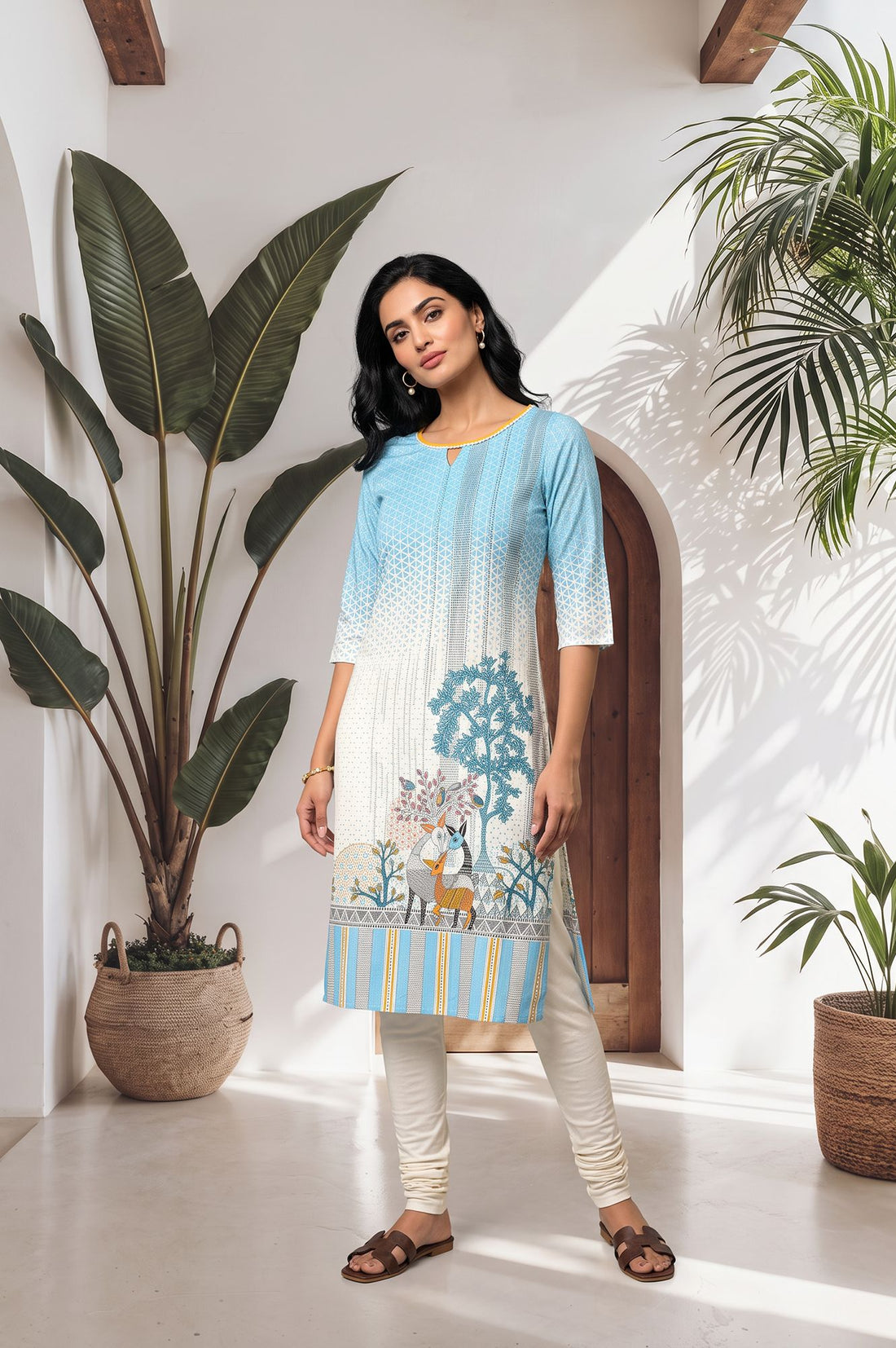 Blue Conversational Printed Straight Kurta with Churidar