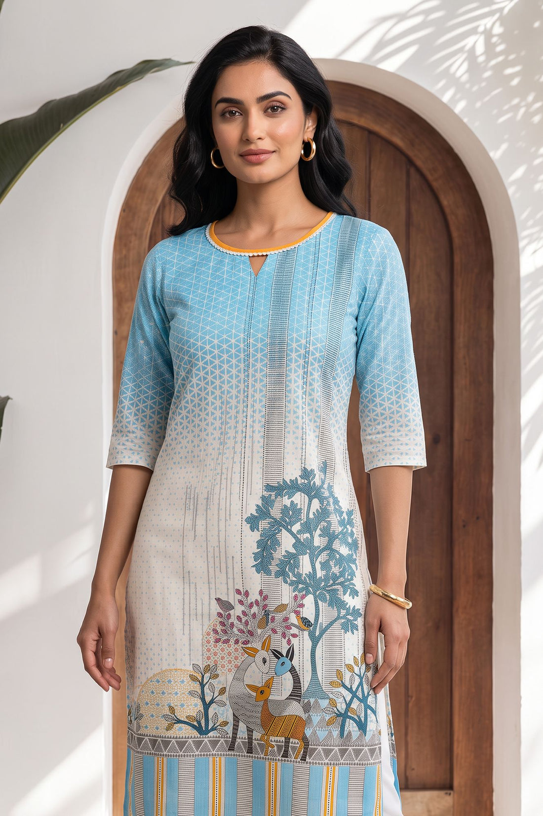 Blue Conversational Printed Straight Kurta with Churidar