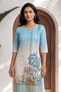 Blue Conversational Printed Straight Kurta with Churidar