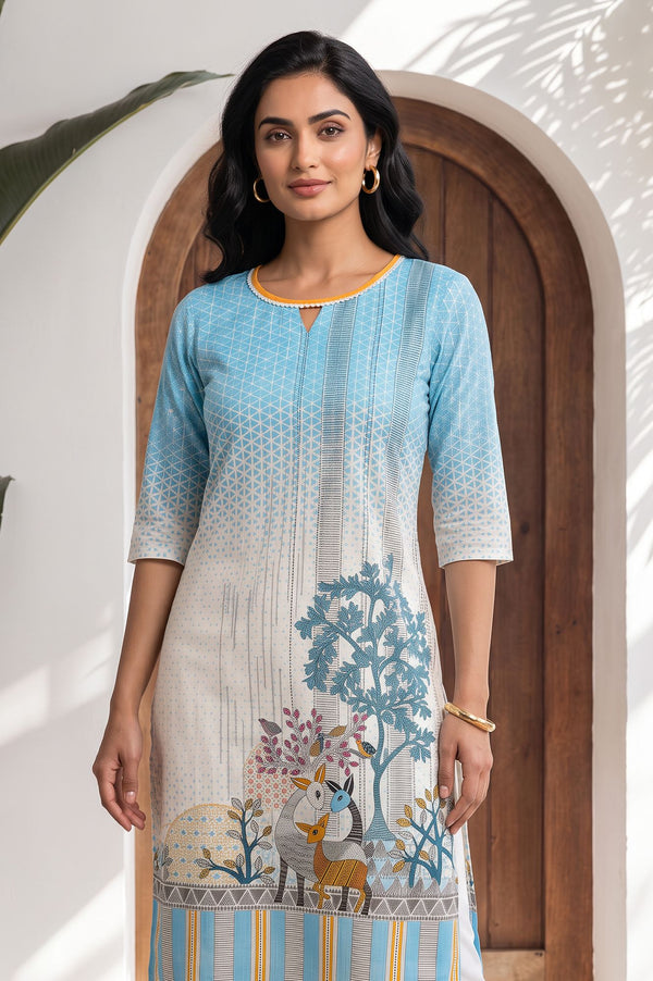 Blue Conversational Printed Straight Kurta with Churidar
