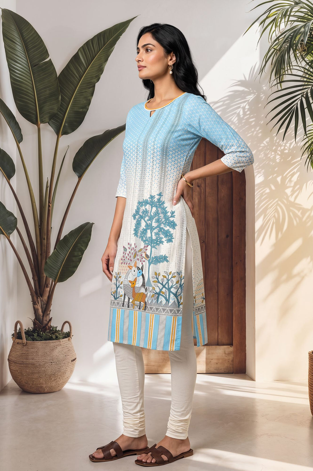 Blue Conversational Printed Straight Kurta with Churidar