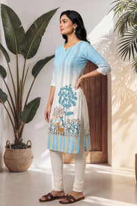 Blue Conversational Printed Straight Kurta with Churidar