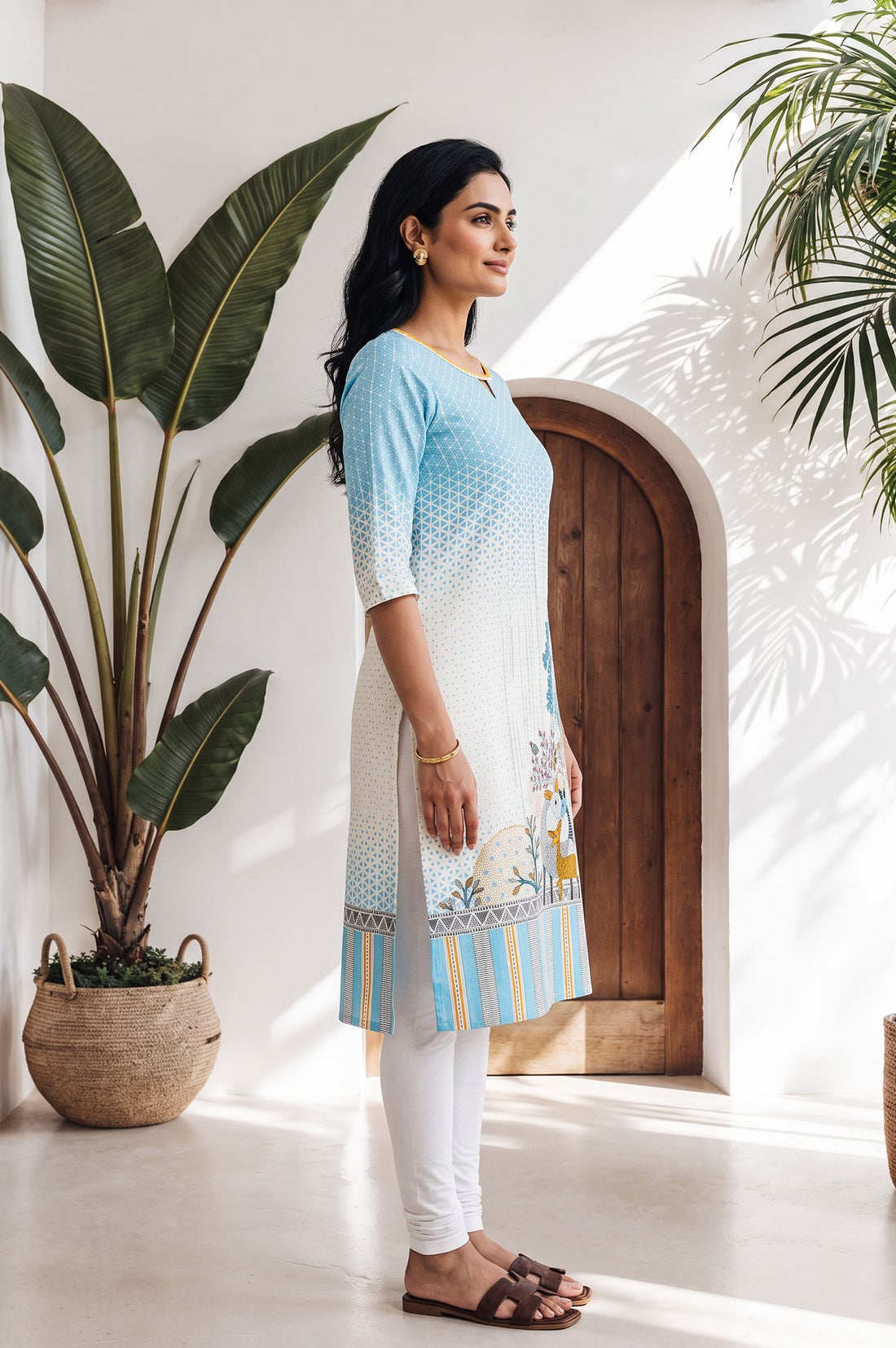 Blue Conversational Printed Straight Kurta with Churidar