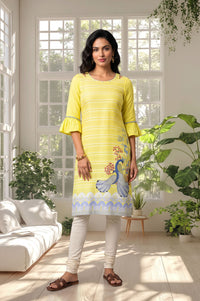 Yellow Conversational Printed Straight Kurta with Churidar Set
