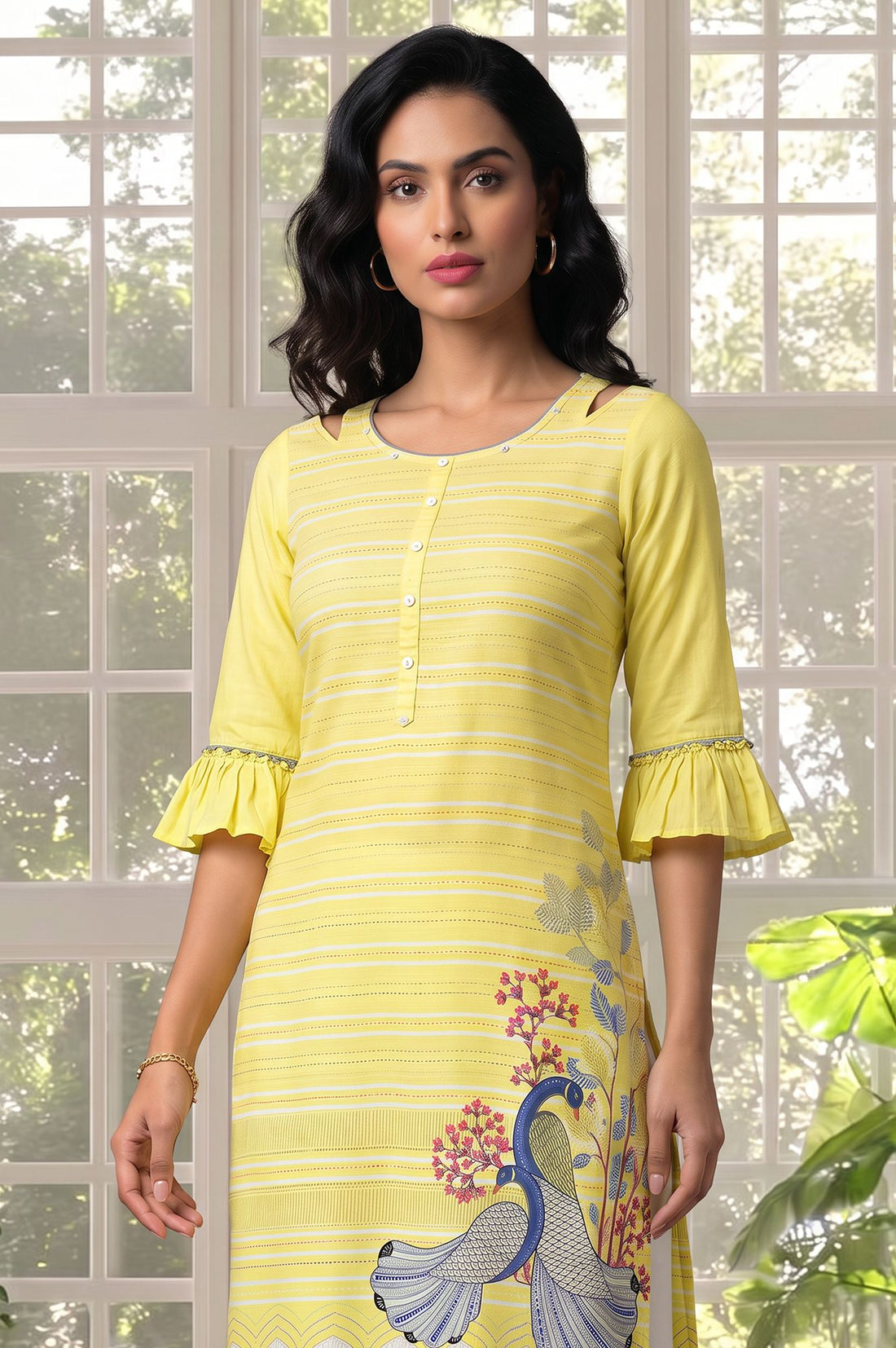 Yellow Conversational Printed Straight Kurta with Churidar Set
