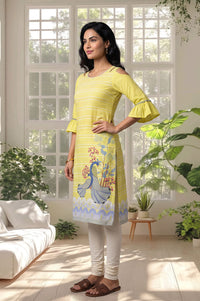 Yellow Conversational Printed Straight Kurta with Churidar Set