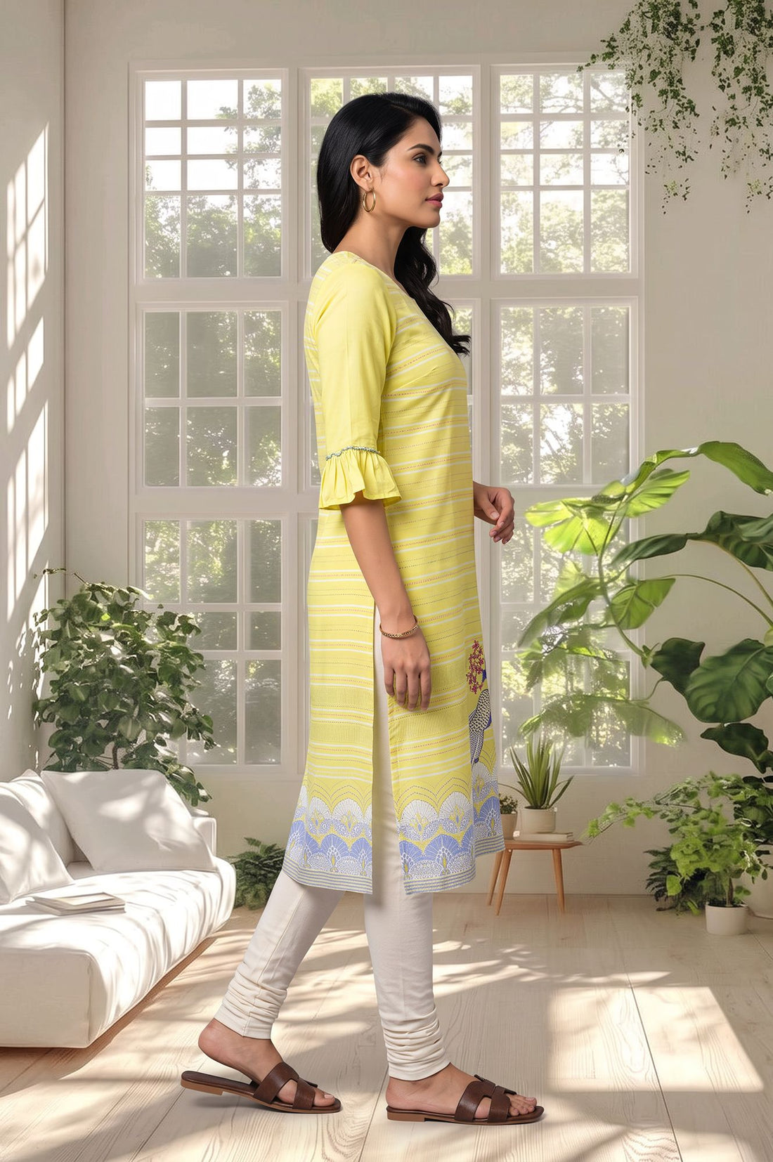 Yellow Conversational Printed Straight Kurta with Churidar Set