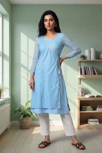 Blue Textured Lace Straight Kurta with Trousers Set