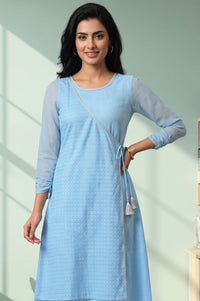 Blue Textured Lace Straight Kurta with Trousers Set