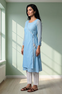 Blue Textured Lace Straight Kurta with Trousers Set