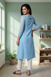 Blue Textured Lace Straight Kurta with Trousers Set