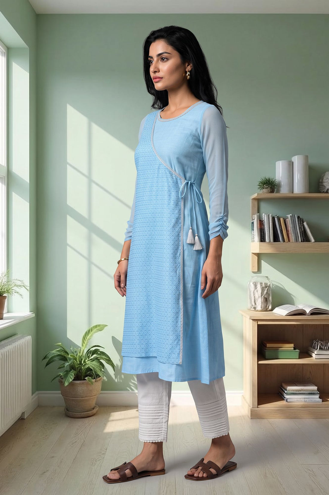 Blue Textured Lace Straight Kurta with Trousers Set