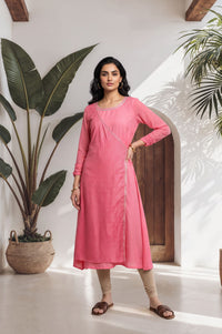 Pink Geometric Printed Lace Straight Kurta with Trouser Set