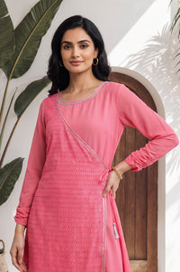 Pink Geometric Printed Lace Straight Kurta with Trouser Set