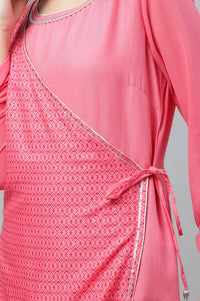 Pink Geometric Printed Lace Straight Kurta with Trouser Set