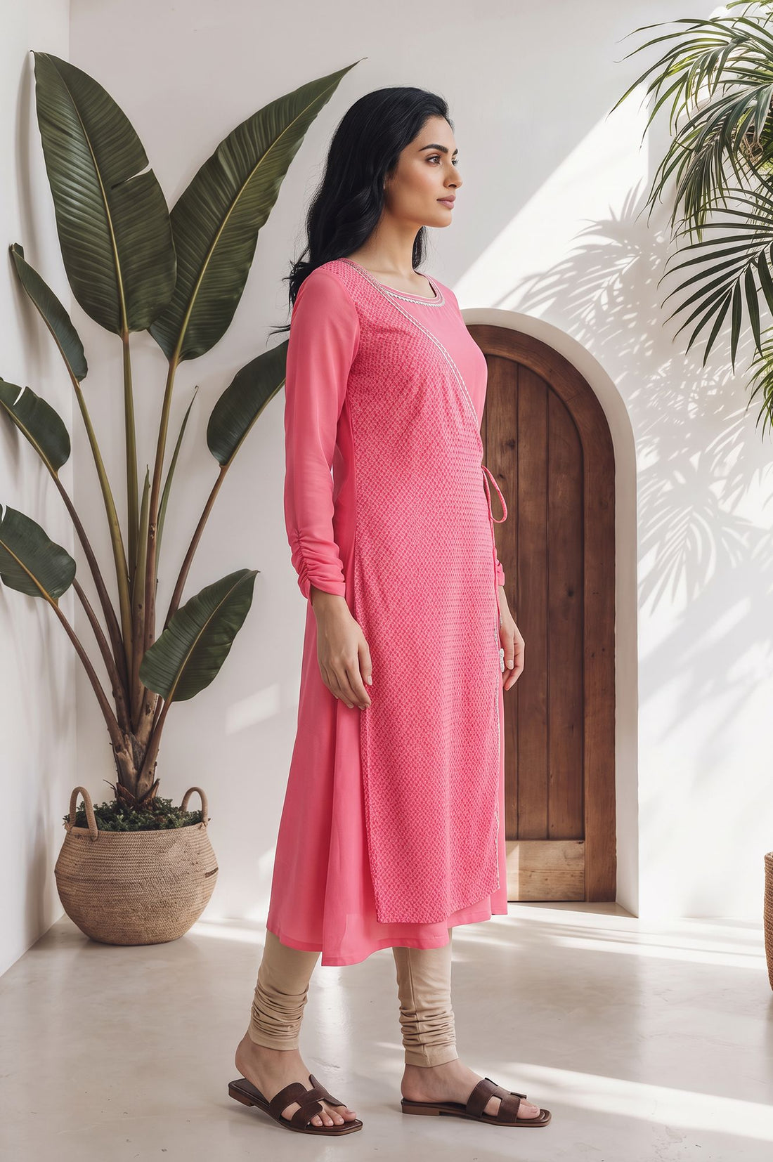 Pink Geometric Printed Lace Straight Kurta with Trouser Set