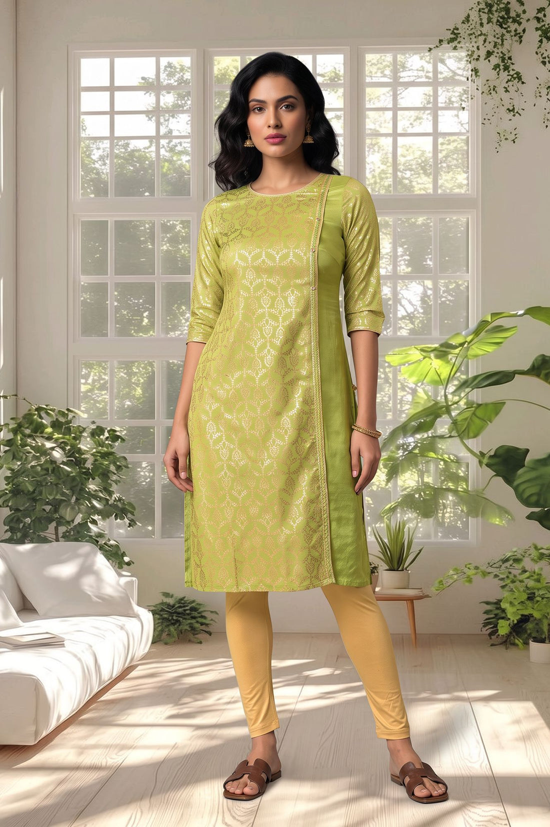 Lime Green Gold Printed Straight Kurta with Tights Set