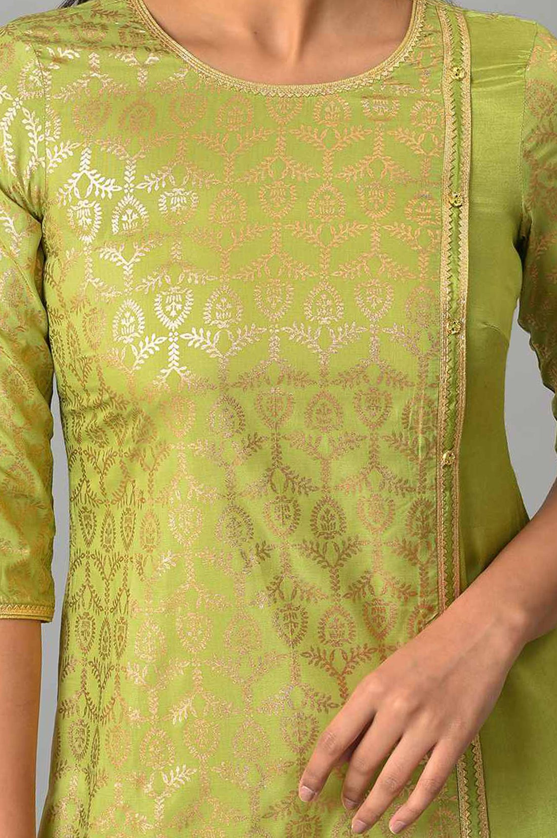 Lime Green Gold Printed Straight Kurta with Tights Set