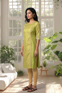 Lime Green Gold Printed Straight Kurta with Tights Set