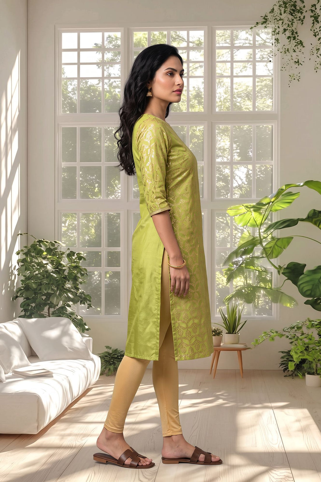 Lime Green Gold Printed Straight Kurta with Tights Set