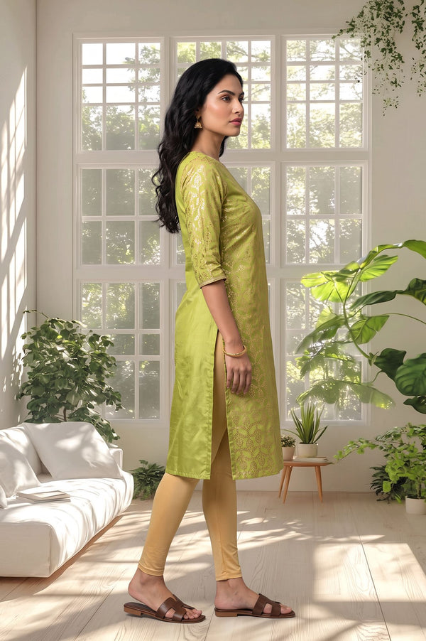 Lime Green Gold Printed Straight Kurta with Tights Set