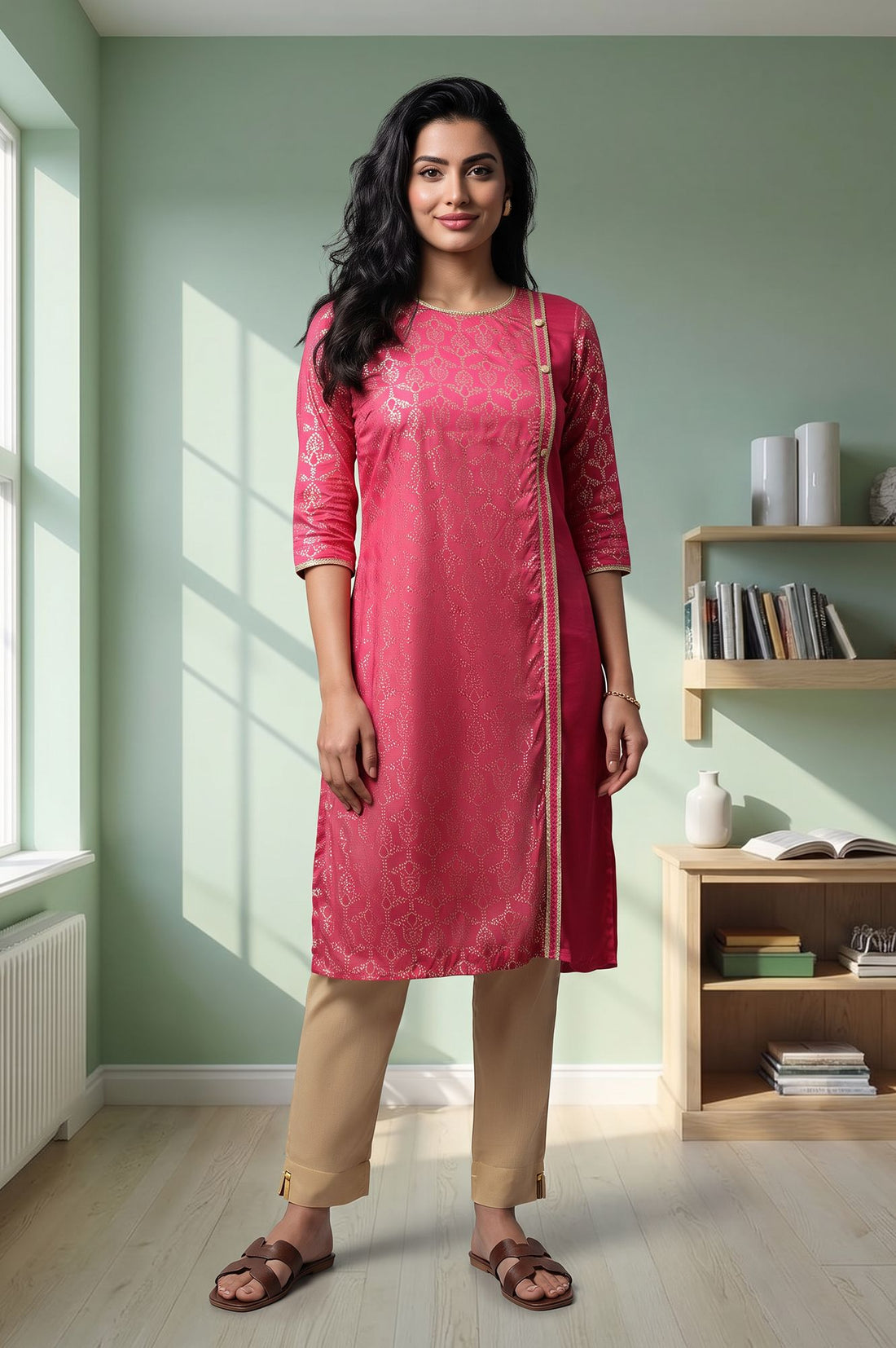 Pink Foil Printed Straight Kurta with Tights Set