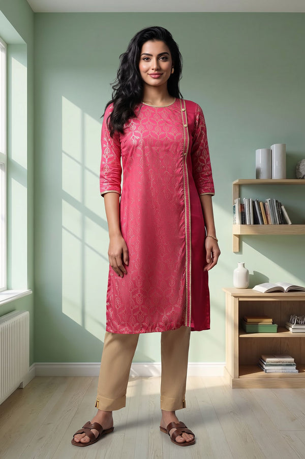 Pink Foil Printed Straight Kurta with Tights Set