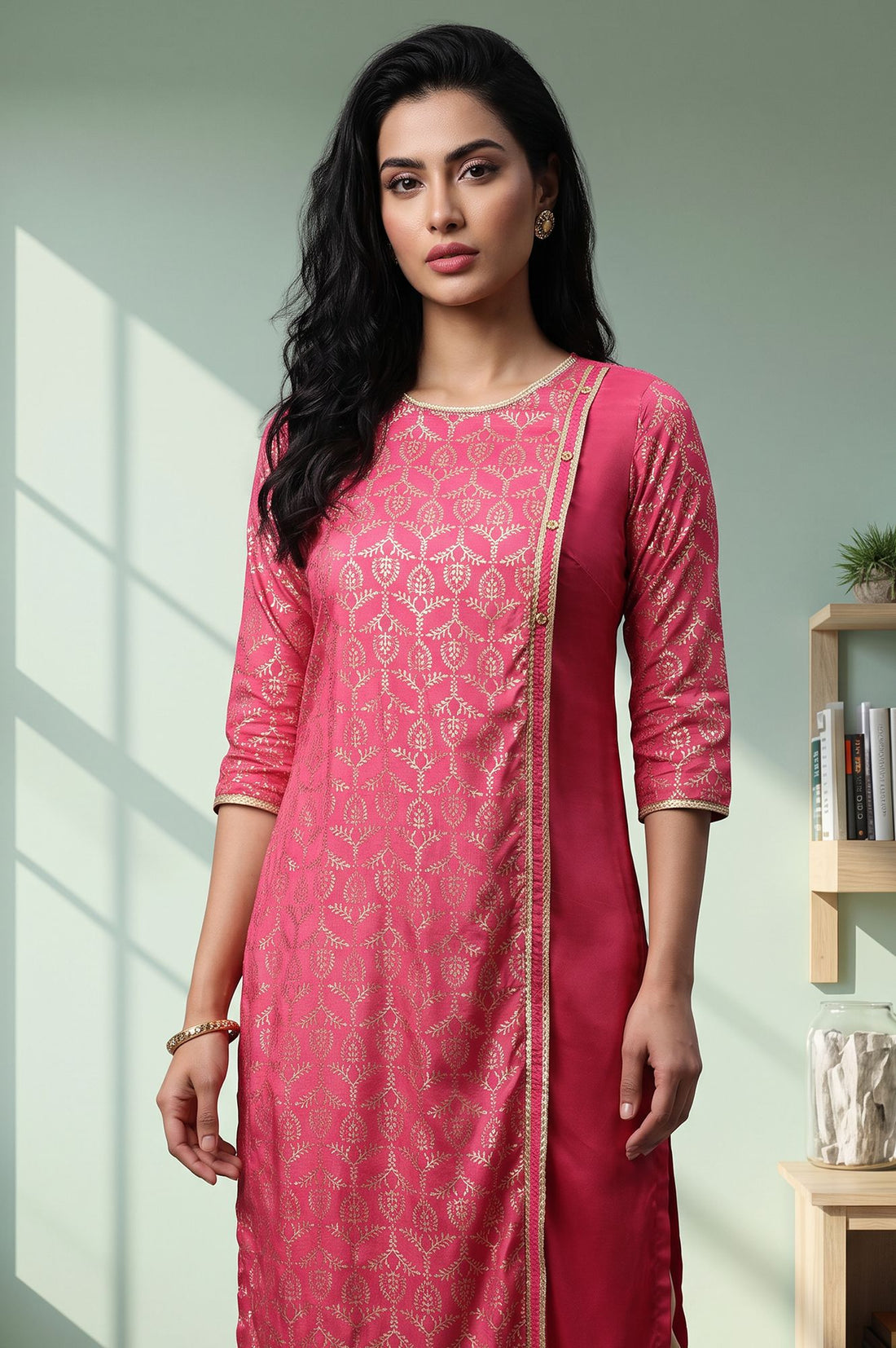 Pink Foil Printed Straight Kurta with Tights Set