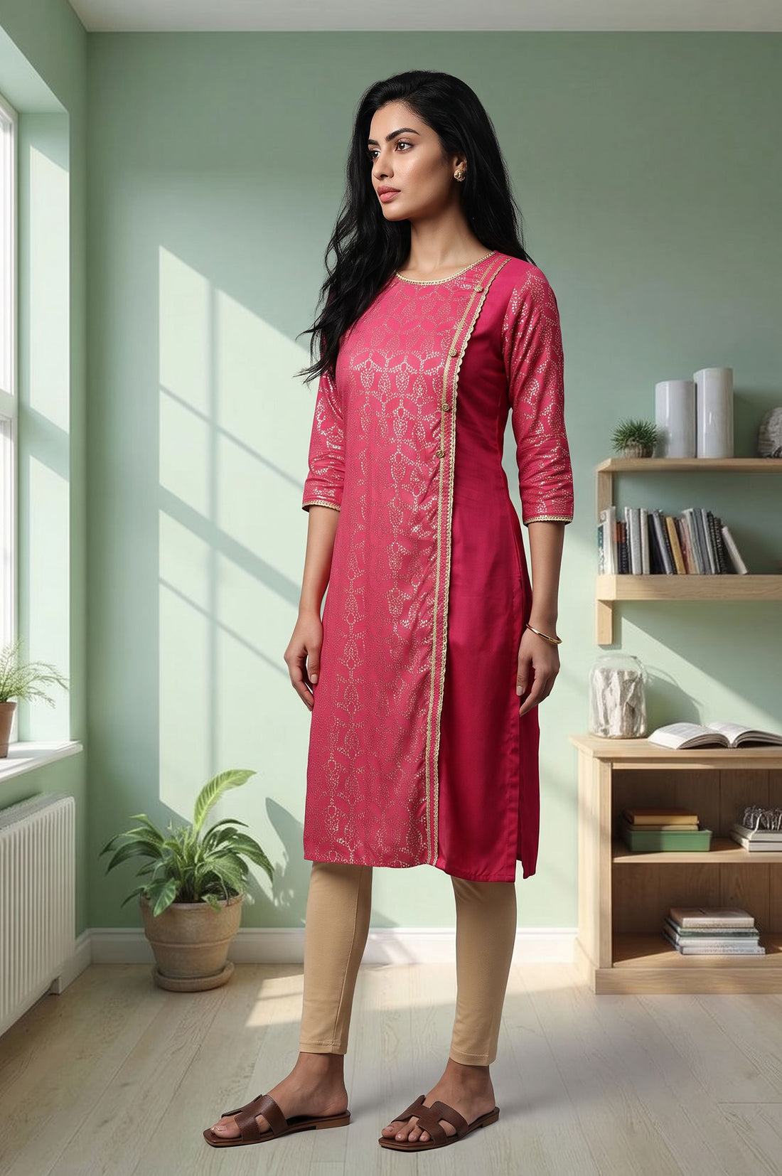 Pink Foil Printed Straight Kurta with Tights Set