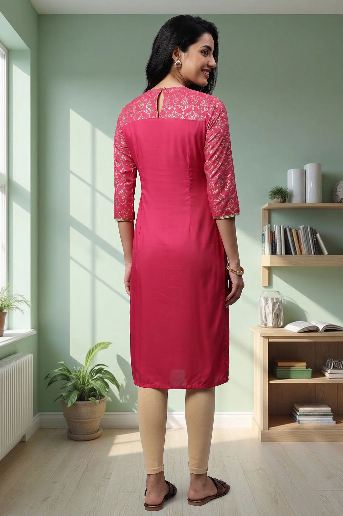 Pink Foil Printed Straight Kurta with Tights Set
