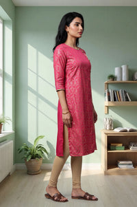 Pink Foil Printed Straight Kurta with Tights Set