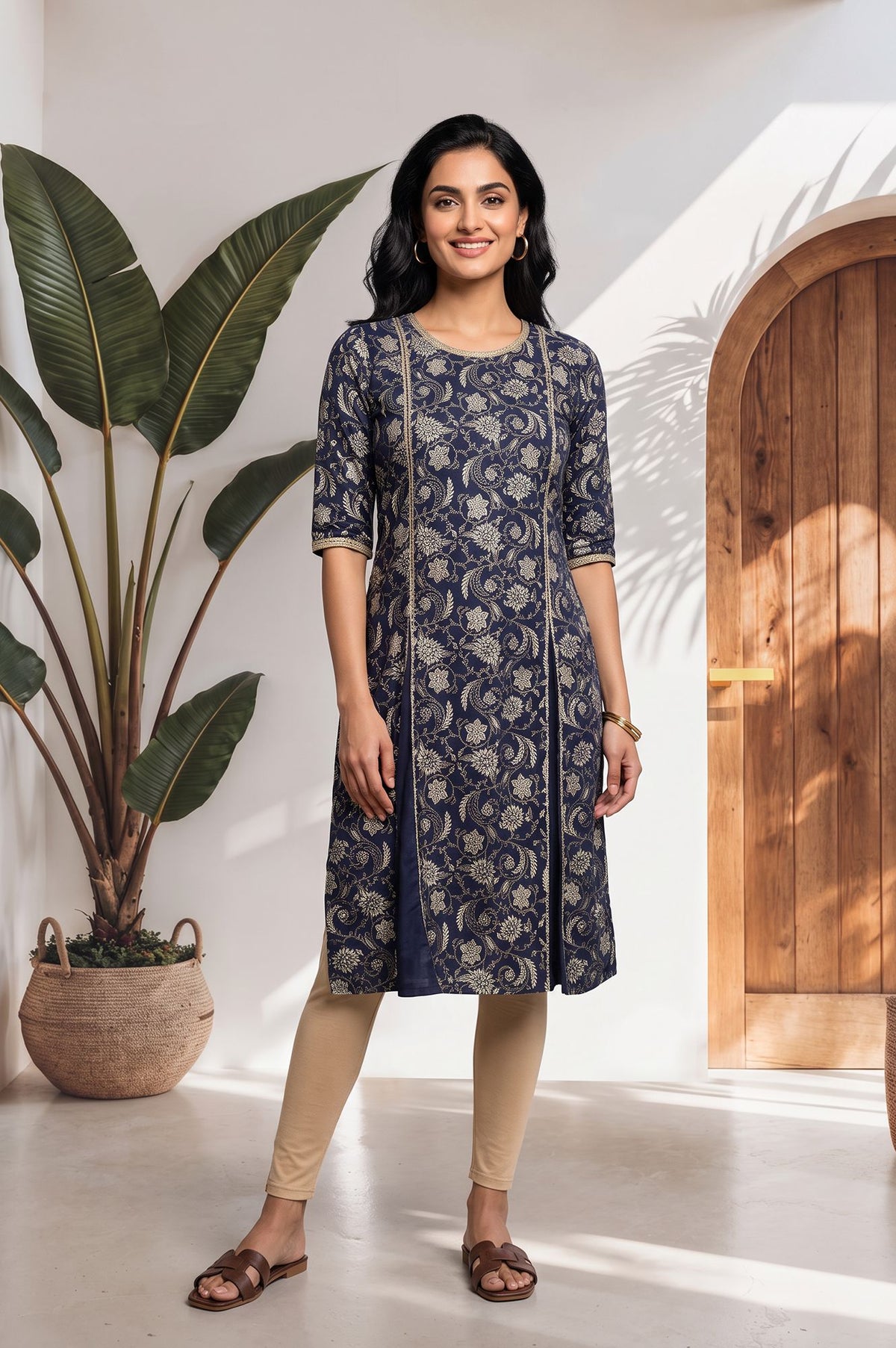 Navy Blue Floral Printed Lace Pure Cotton Straight Kurta with Tights Set - S