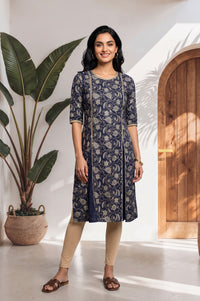 Navy Blue Floral Printed Lace Pure Cotton Straight Kurta with Tights Set