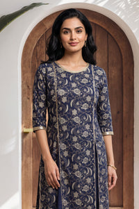Navy Blue Floral Printed Lace Pure Cotton Straight Kurta with Tights Set