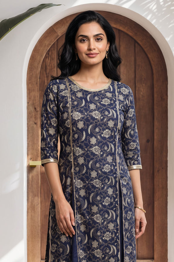 Navy Blue Floral Printed Lace Pure Cotton Straight Kurta with Tights Set