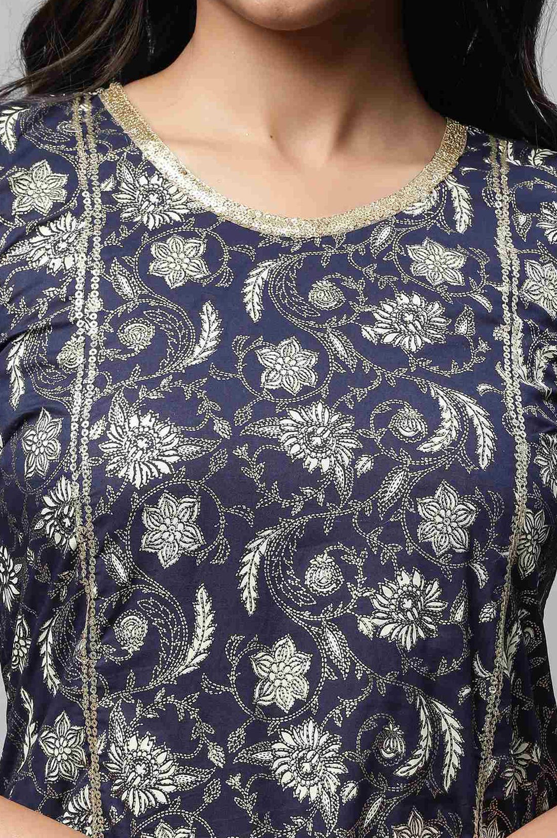 Navy Blue Floral Printed Lace Pure Cotton Straight Kurta with Tights Set