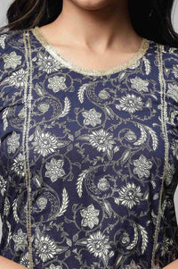 Navy Blue Floral Printed Lace Pure Cotton Straight Kurta with Tights Set