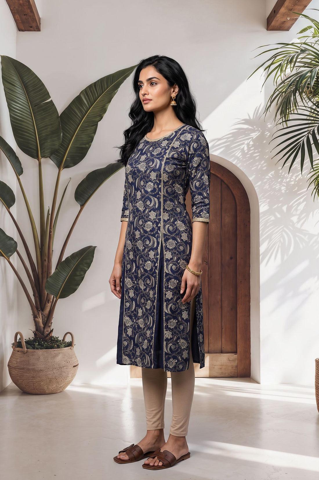 Navy Blue Floral Printed Lace Pure Cotton Straight Kurta with Tights Set