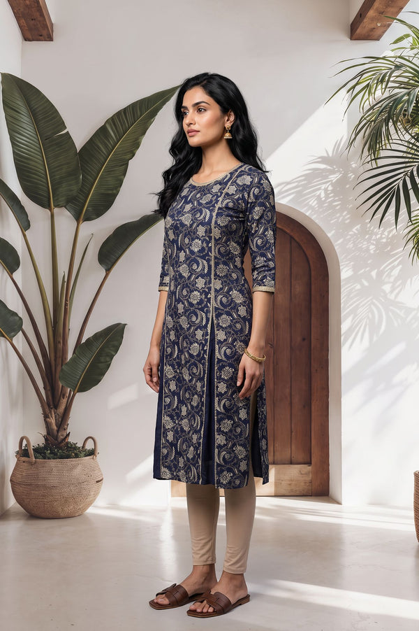 Navy Blue Floral Printed Lace Pure Cotton Straight Kurta with Tights Set