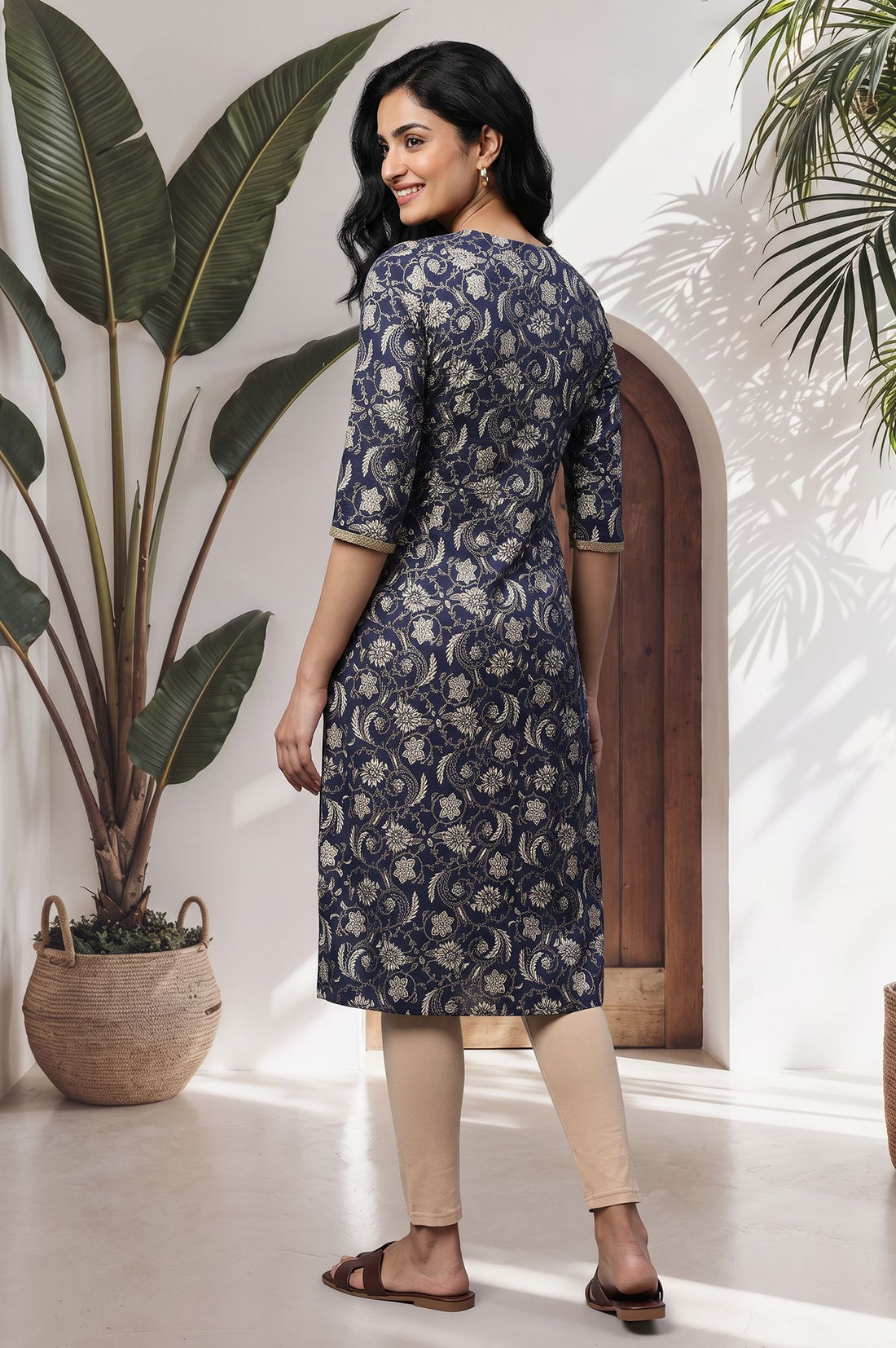 Navy Blue Floral Printed Lace Pure Cotton Straight Kurta with Tights Set
