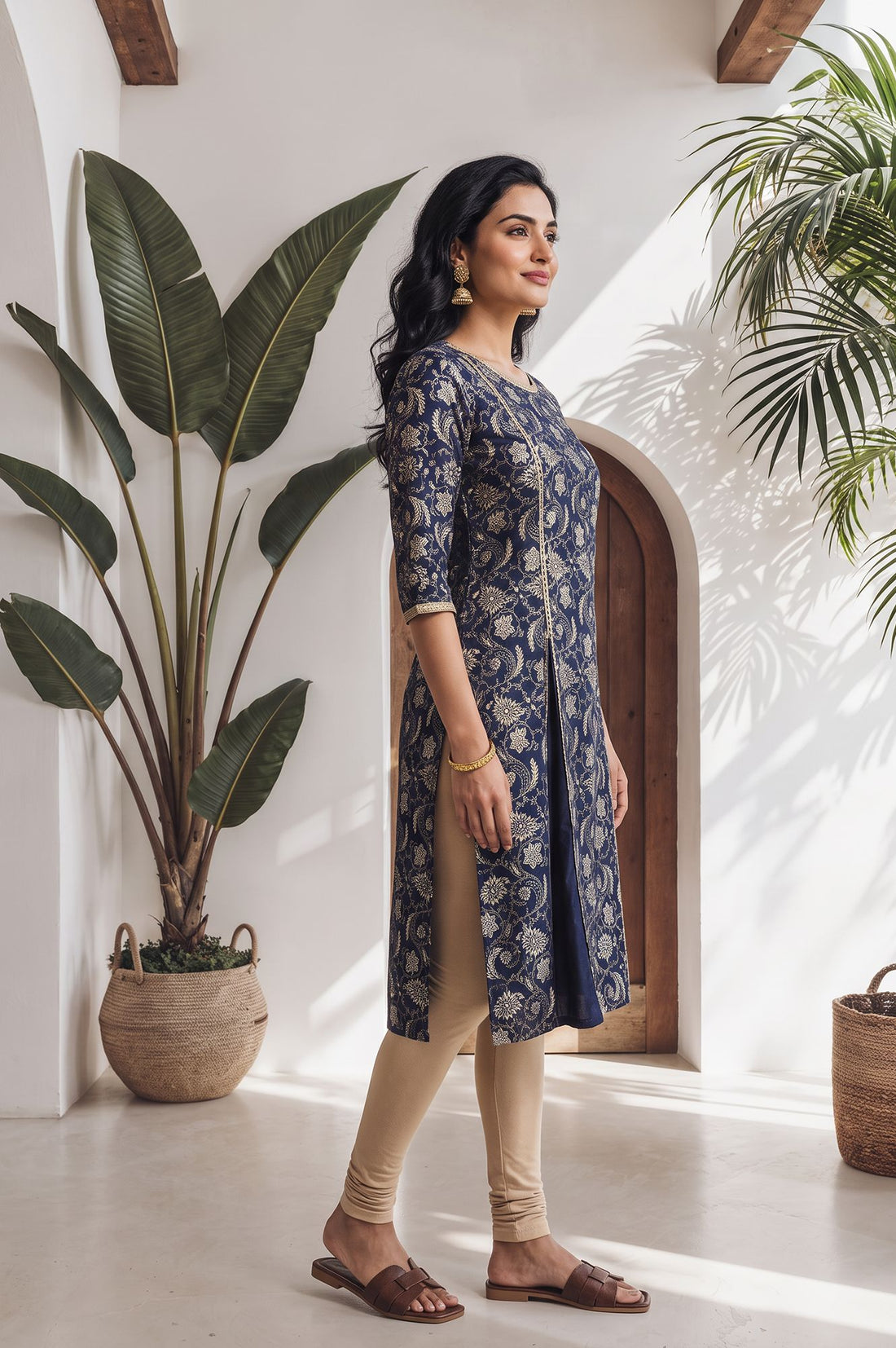 Navy Blue Floral Printed Lace Pure Cotton Straight Kurta with Tights Set